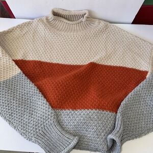 Tecrew Rolled Neck Sweater Adult Size Large Orange/Cream/Gray Mock Pullover